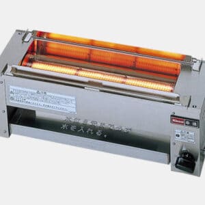 Industrial infrared heater with glowing orange tubes and a control knob on the right side