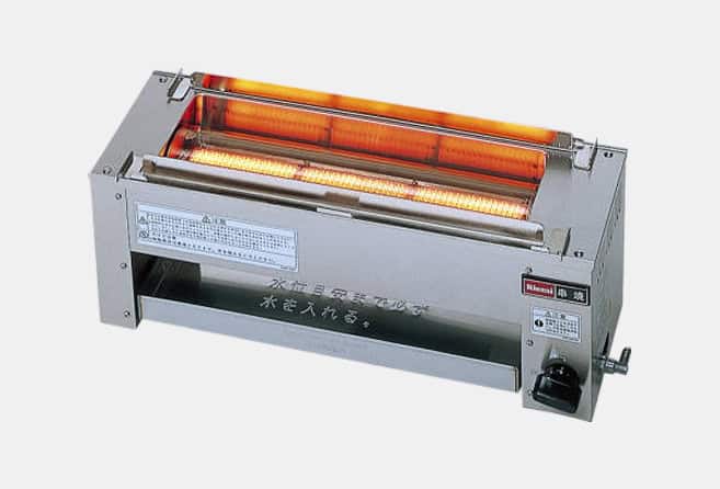 Industrial infrared heater with glowing orange tubes and a control knob on the right side