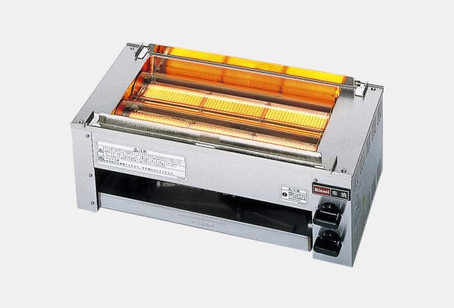 Industrial electric toaster with two orange infrared heating elements and control knobs on the right.