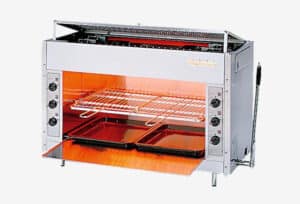 Commercial countertop toaster oven with glowing orange interior, rack and baking tray inside, supported by side control panels on a white background
