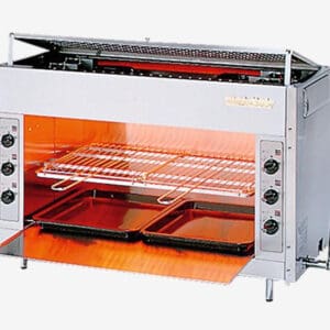 Commercial countertop toaster oven with glowing orange interior, rack and baking tray inside, supported by side control panels on a white background