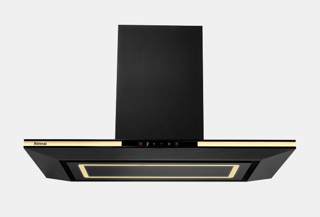 Black chimney-style kitchen range hood with gold trim and built-in LED lighting.