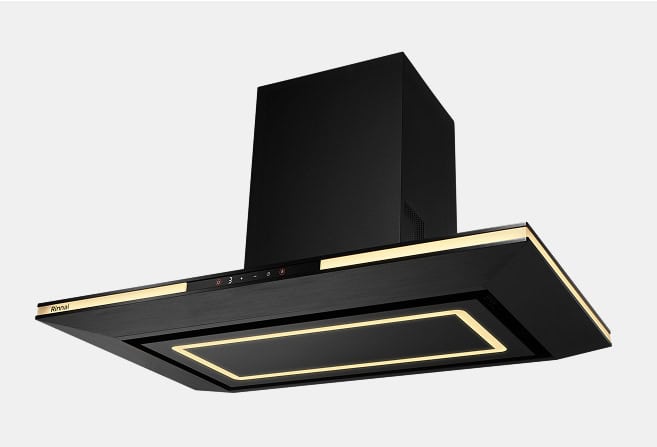 Black wall-mounted range hood with LED lights, installed above a stove for ventilation and lighting in a modern kitchen (seen from below).