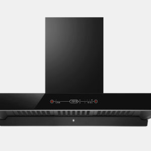 Black, wall-mounted chimney range hood with a central control panel for ventilation in a modern kitchen (brand appears as Rinnai).