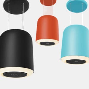 Triple pendant lights in black, red, and turquoise hang from white cords against a light background.