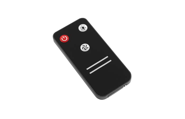 Black rectangular remote with a red power button, a white light icon, a white fan icon, and two white lines, angled on a white background (likely for a small appliance).