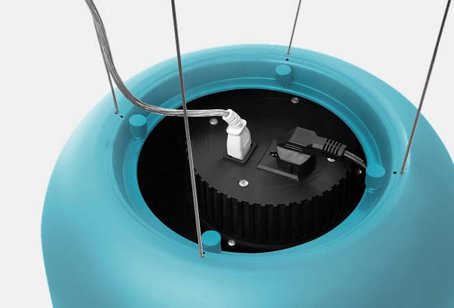 Blue spherical ceiling light with lid removed, exposing internal wiring and a black circular component with a plugged-in cord