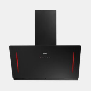 Black wall-mounted range hood with red vertical accents, viewed from below. The chimney extends upward from the ceiling.