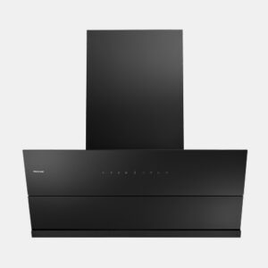 Black wall-mounted range hood with a tall chimney and touch controls across the front panel, used above a stove in a modern kitchen.