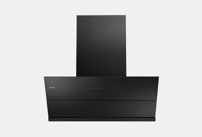 Black wall-mounted range hood with a tall chimney and touch controls across the front panel, used above a stove in a modern kitchen.