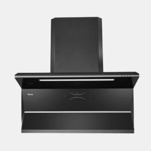 Black kitchen range hood with a tall chimney and slim stainless trim on a white background