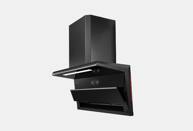 Black kitchen range hood with a tall chimney and slim stainless trim on a white background
