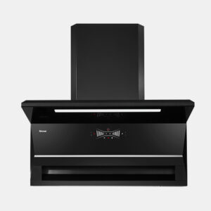 Black wall-mounted range hood with a tall rectangular chimney above the stove area