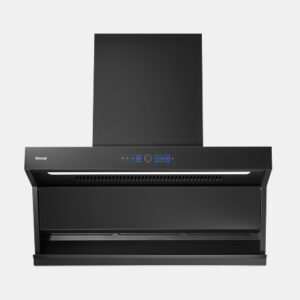 Black wall-mounted range hood with a chimney, venting to the top and a blue-lit control panel in the front.
