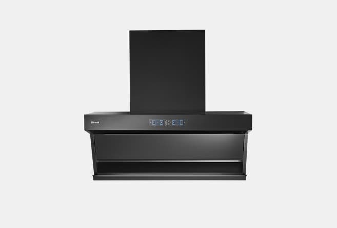 Black kitchen range hood with a vertical chimney and front control panel