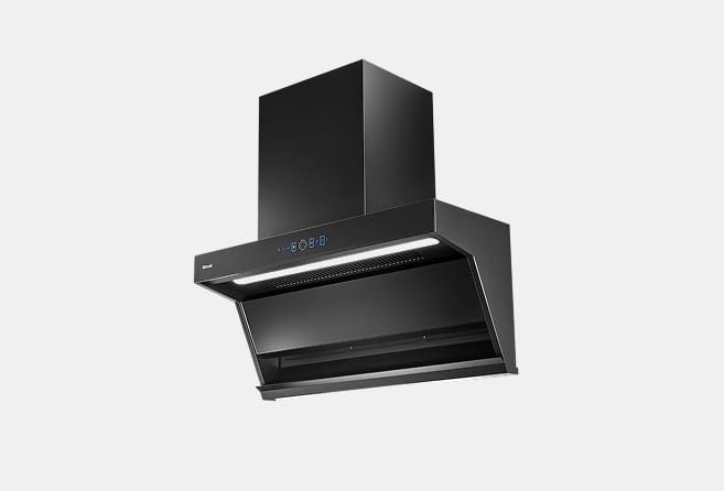 Black wall-mounted range hood with an angled canopy and digital control panel for venting smoke and odors in the kitchen