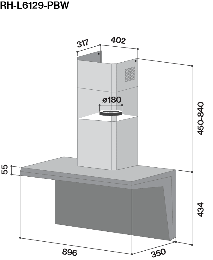 Isometric diagram of a chimney-style kitchen range hood on a cabinet with labeled dimensions (896 W, 350 D, 434 base height, 450–840 mm hood).