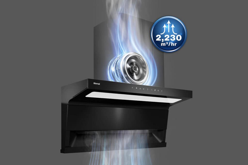 Black wall-mounted kitchen range hood with a blue badge showing 2,230 m³/hr airflow.