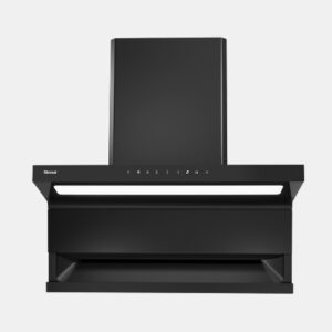 Black wall-mounted kitchen range hood with a slim LED light and tall exhaust chimney.