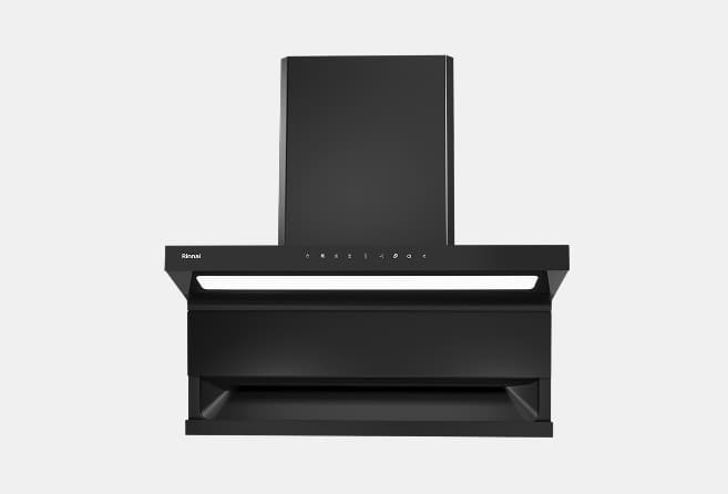 Black wall-mounted kitchen range hood with a slim LED light and tall exhaust chimney.