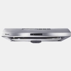 Stainless steel wall-mounted kitchen range hood with a digital control panel (Rinnai).