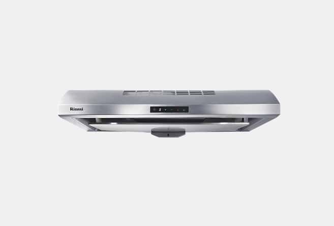 Stainless steel wall-mounted kitchen range hood with a digital control panel (Rinnai).