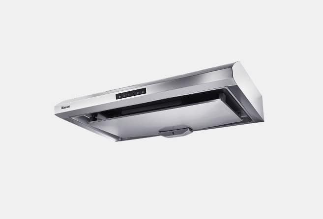 Stainless steel wall-mounted kitchen range hood with a digital control panel (Rinnai).