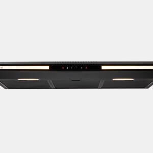Black wall-mounted kitchen range hood with dual LED lights and central control panel (viewed from below).