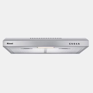 Stainless steel wall-mounted range hood with control buttons on the front and built-in lights below the cabinet edge, brand Rinnai.