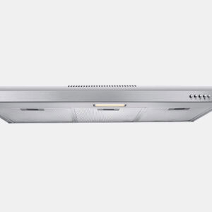 Stainless steel wall-mounted kitchen range hood with a right-side control panel and built-in lighting.