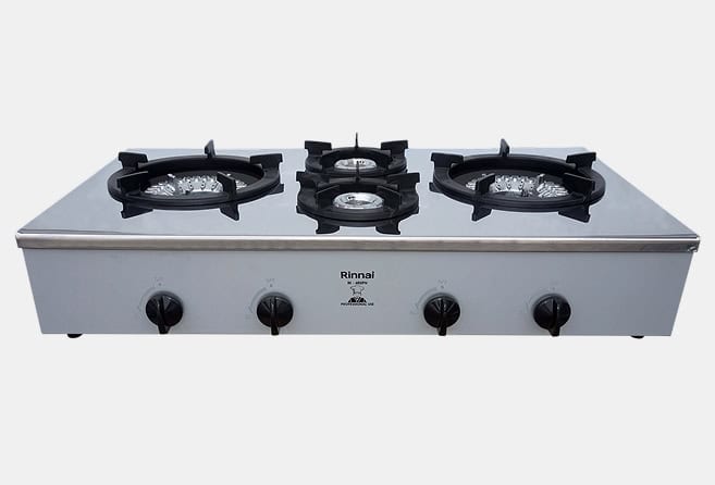Stainless steel three-burner gas stove with black cast-iron grates and front control knobs (Rinnai).