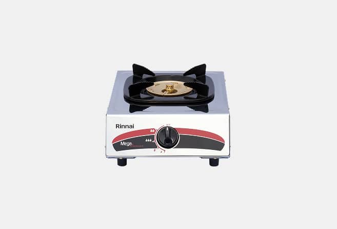 Portable single-burner gas stove with black pan supports and control knob on the front panel (Rinnai Mega).