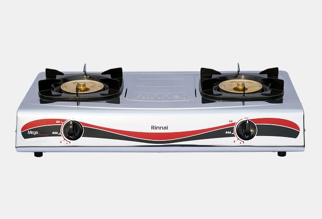 Two-burner portable gas stove with a silver body, front knobs, and a red-black decorative stripe (brand: Rinnai).