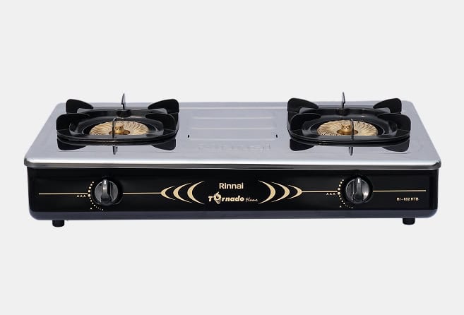 Two-burner portable gas stove with a stainless steel top and black front panel.