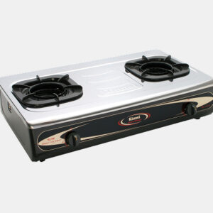 Two-burner portable gas stove with black burners and a silver top on a dark base.