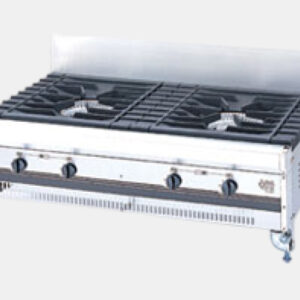 Commercial stainless steel gas range with four burners, front control knobs, and a back shield (industrial kitchen appliance).