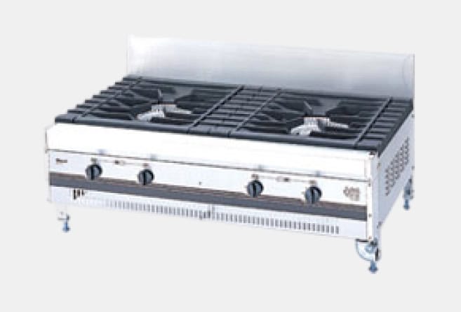 Commercial stainless steel gas range with four burners, front control knobs, and a back shield (industrial kitchen appliance).