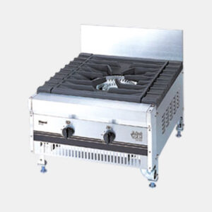 Two-burner commercial gas stove with stainless steel body, front control knobs, and a small back splash panel used in professional kitchens