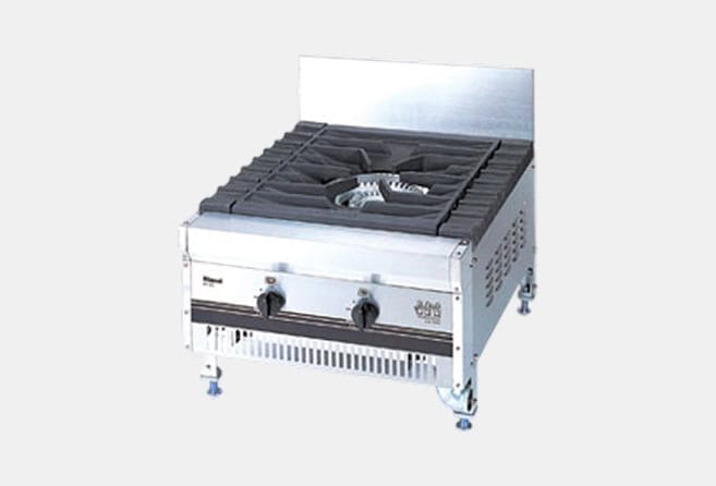 Two-burner commercial gas stove with stainless steel body, front control knobs, and a small back splash panel used in professional kitchens
