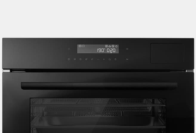 Black built‑in oven with a glass door, horizontal handle, and a digital control panel showing 190°C and 0:20.
