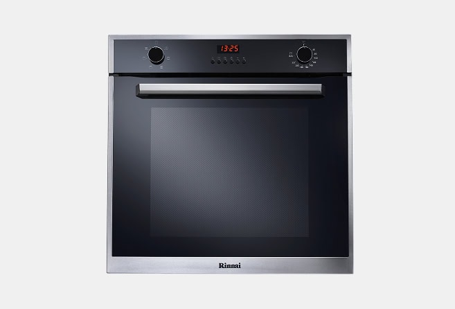 Stainless steel built-in oven with a black glass door, silver handle, digital clock showing 13:25, and Rinnai branding at the bottom.