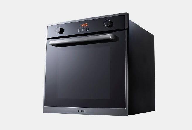 Rinnai built-in electric oven with black glass door, stainless trim, and digital clock/display.