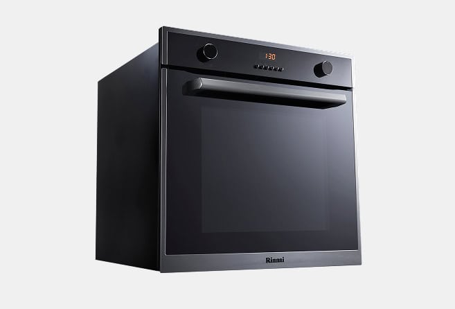 Black stainless steel built-in oven with a glass door, handle, and digital clock display (Rinnai)