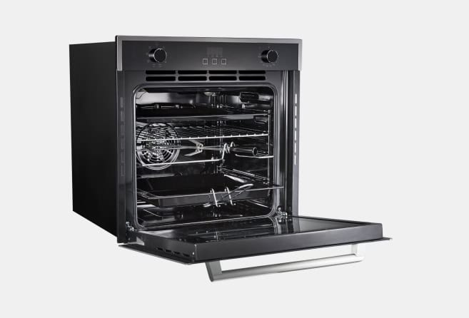 Compact black countertop/ Built-in oven with door open, showing racks and a fan inside