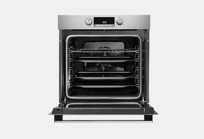 Stainless steel oven with door open, showing interior racks and a fan at the back.