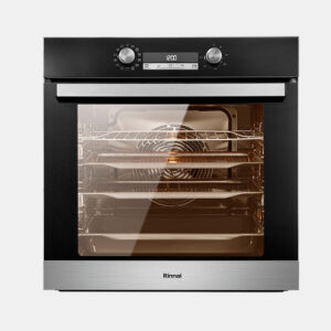 Rinnai black stainless steel oven with glass door, interior racks, and oven light on.