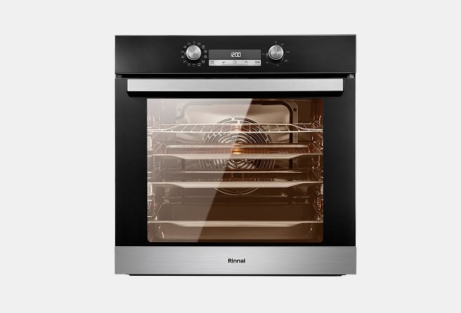 Rinnai black stainless steel oven with glass door, interior racks, and oven light on.