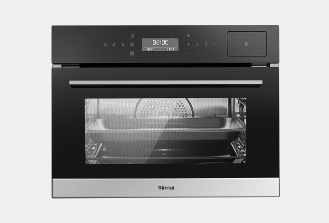 Built-in black oven with glass door, horizontal handle, digital display showing 02:00, and Rinnai logo.