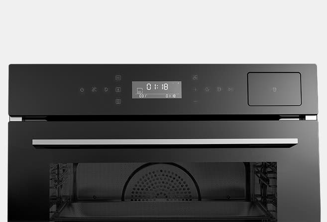 Modern black oven with a digital control panel and long horizontal handle.