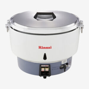 Large white Rinnai commercial cooker/boiler with a metal lid and blue base, front controls visible